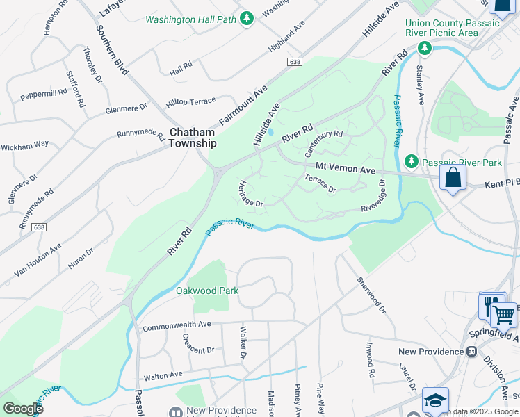map of restaurants, bars, coffee shops, grocery stores, and more near 11 Heritage Drive in Chatham Township