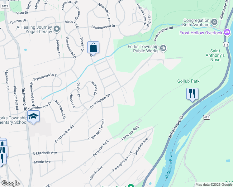 map of restaurants, bars, coffee shops, grocery stores, and more near 711 Frost Hollow Road in Easton