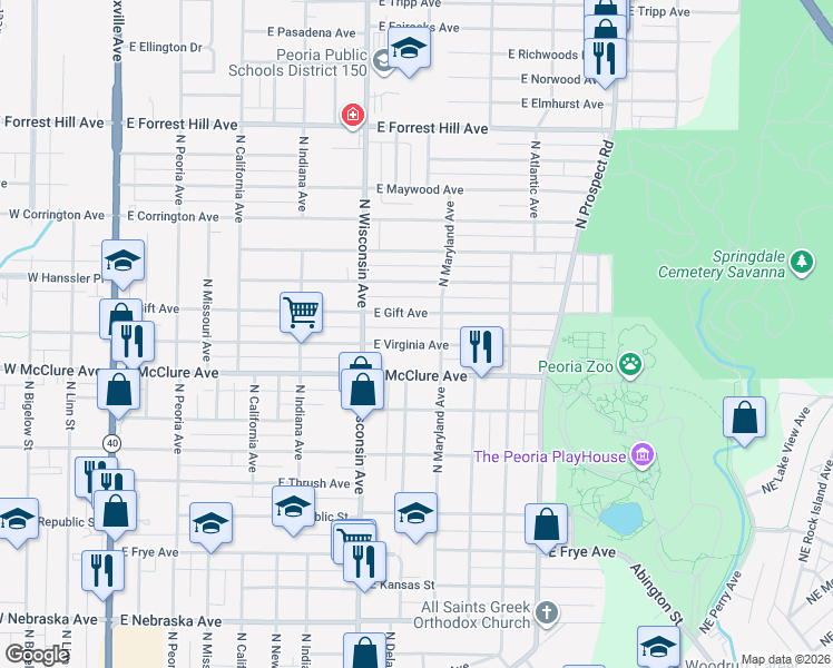map of restaurants, bars, coffee shops, grocery stores, and more near 912 E Gift Ave in Peoria
