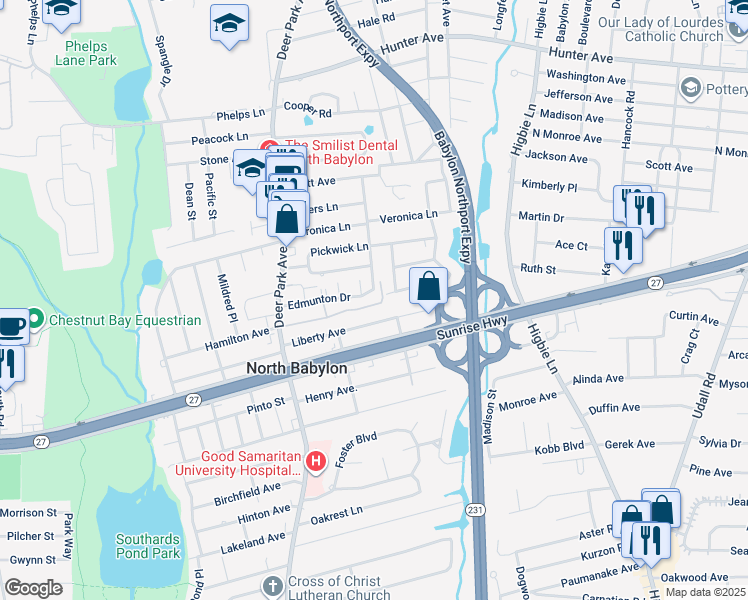 map of restaurants, bars, coffee shops, grocery stores, and more near 204 Edmunton Drive in Babylon