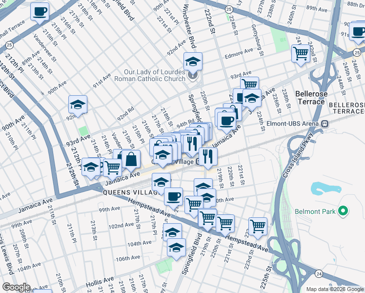 map of restaurants, bars, coffee shops, grocery stores, and more near 94-66 219th Street in Queens