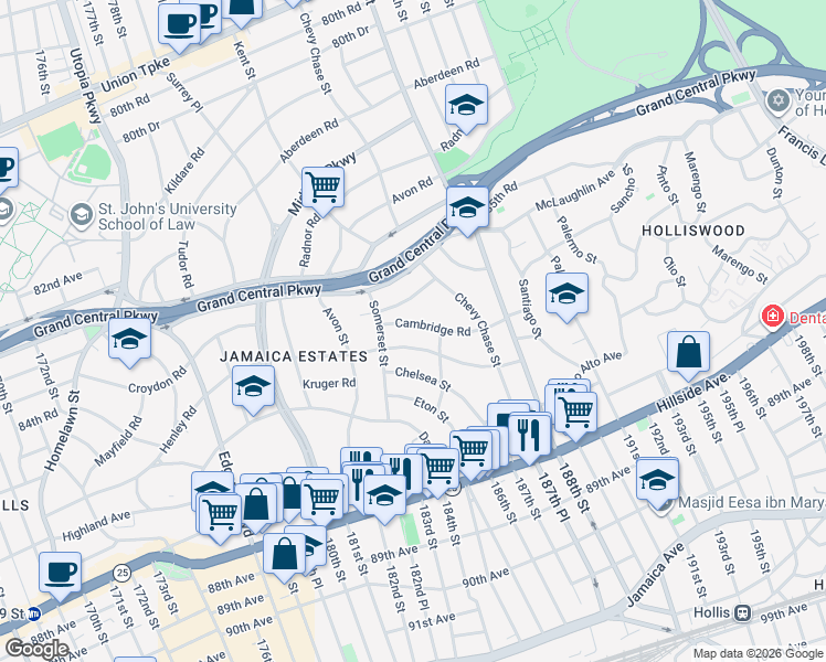 map of restaurants, bars, coffee shops, grocery stores, and more near 39 Cambridge Road in Queens