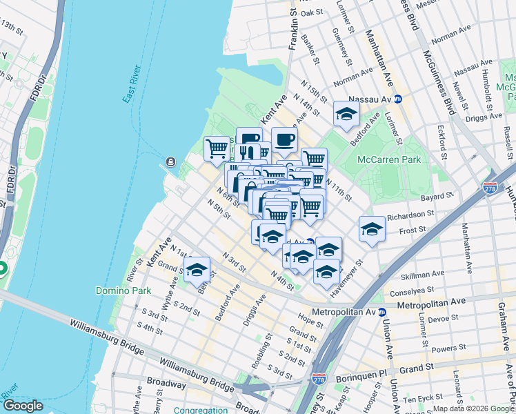 map of restaurants, bars, coffee shops, grocery stores, and more near in Brooklyn