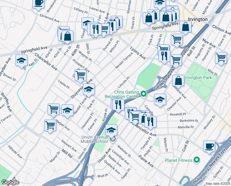 map of restaurants, bars, coffee shops, grocery stores, and more near 10 Maple Place in Irvington