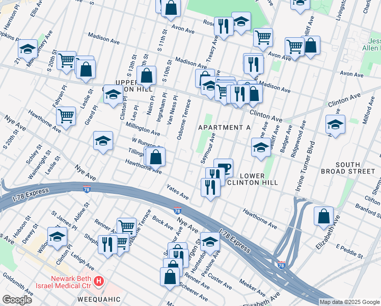 map of restaurants, bars, coffee shops, grocery stores, and more near 101 Hedden Terrace in Newark