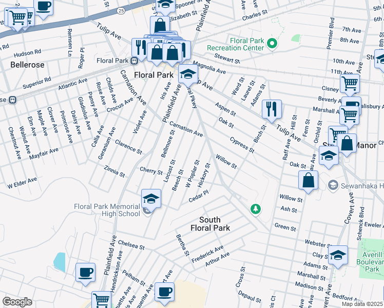 map of restaurants, bars, coffee shops, grocery stores, and more near 92 West Poplar Street in Floral Park