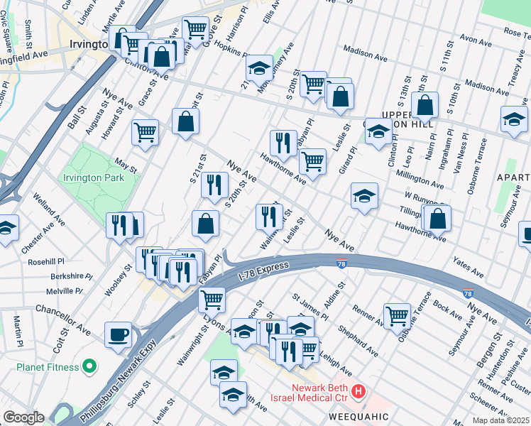 map of restaurants, bars, coffee shops, grocery stores, and more near 55 Schley Street in Newark