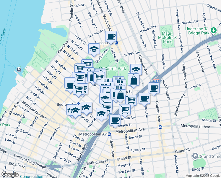 map of restaurants, bars, coffee shops, grocery stores, and more near Union Avenue in Brooklyn