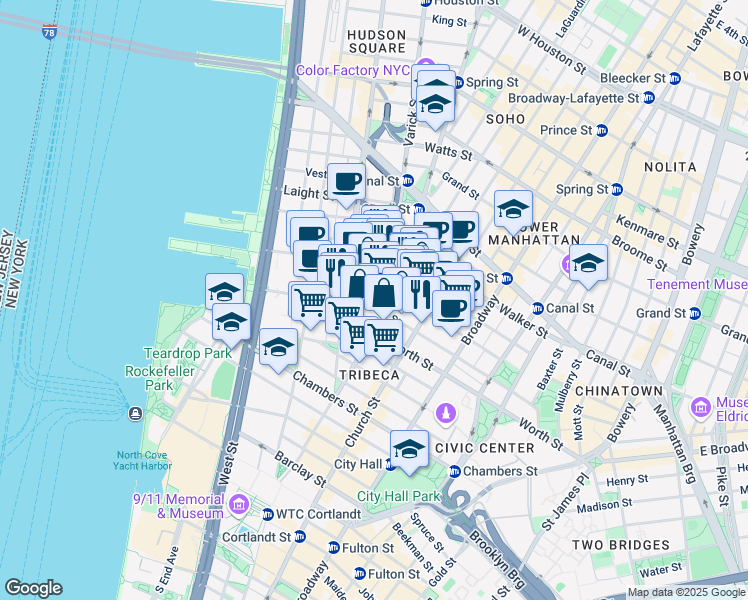 map of restaurants, bars, coffee shops, grocery stores, and more near in New York