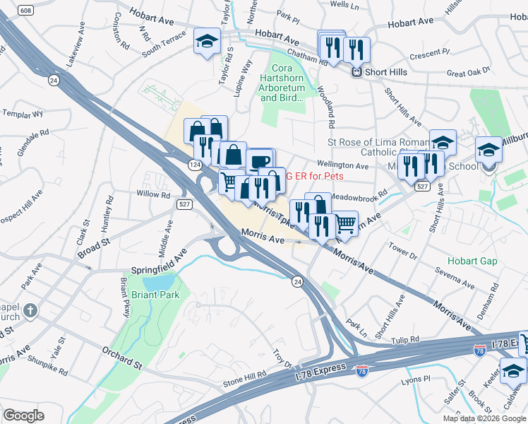 map of restaurants, bars, coffee shops, grocery stores, and more near 697 Morris Turnpike in Springfield