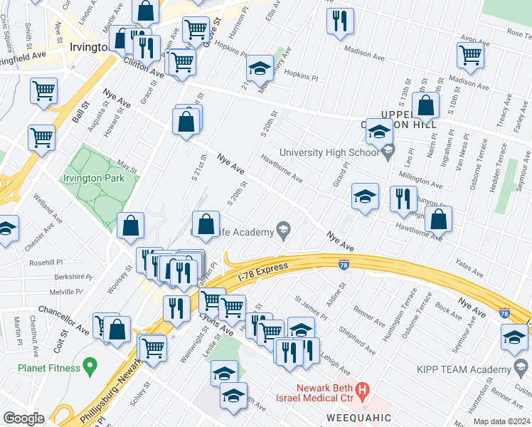 map of restaurants, bars, coffee shops, grocery stores, and more near 55 Schley Street in Newark