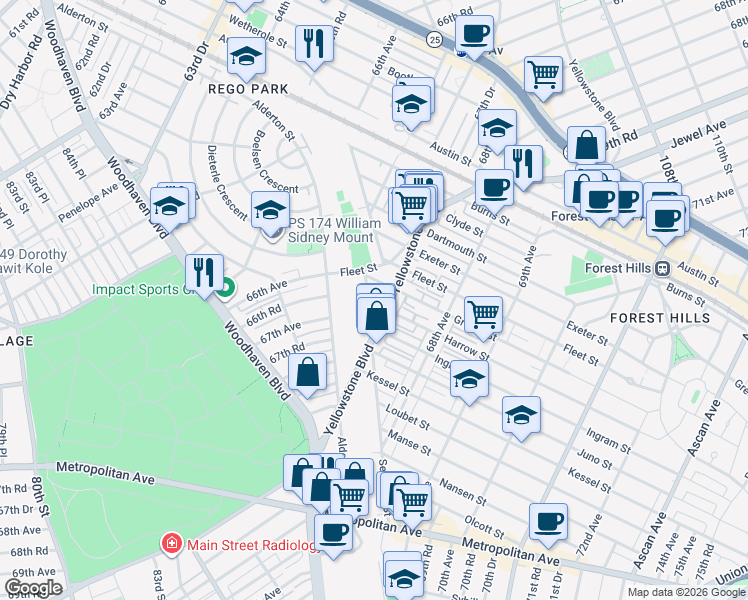 map of restaurants, bars, coffee shops, grocery stores, and more near 67-18 Groton Street in Queens
