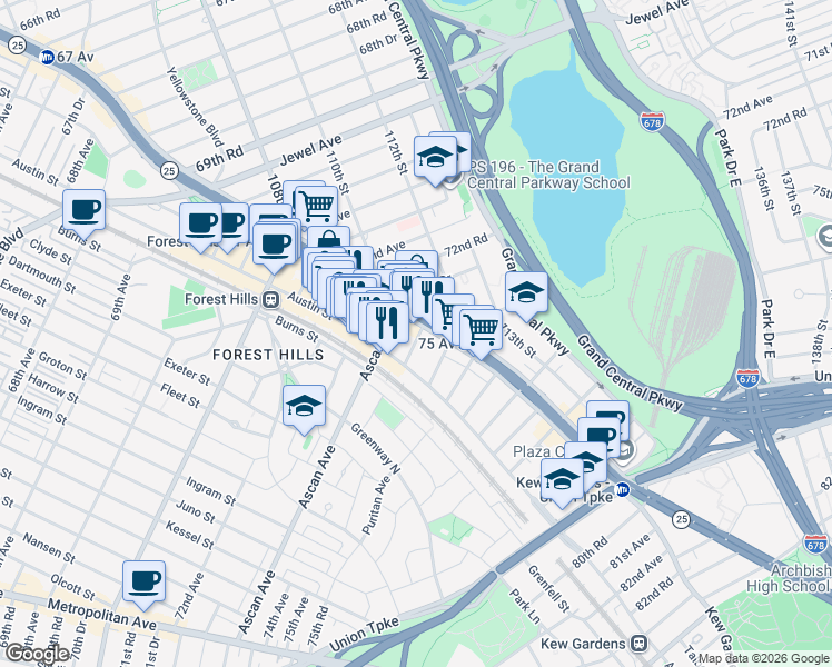 map of restaurants, bars, coffee shops, grocery stores, and more near in Queens