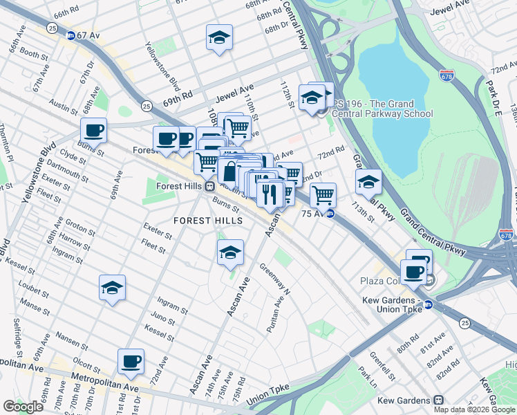 map of restaurants, bars, coffee shops, grocery stores, and more near 7232 Austin Street in Queens