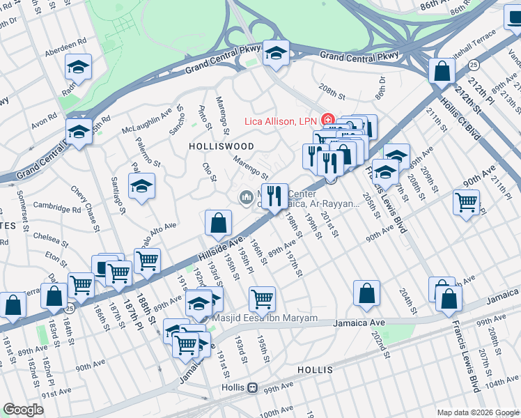 map of restaurants, bars, coffee shops, grocery stores, and more near 197-26 Foothill Avenue in Queens