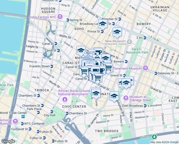 map of restaurants, bars, coffee shops, grocery stores, and more near 125 Lafayette Street in New York