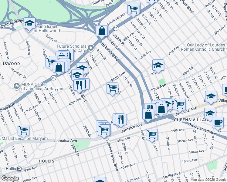 map of restaurants, bars, coffee shops, grocery stores, and more near 90-39 210th Street in Queens