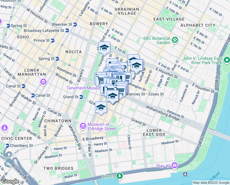 map of restaurants, bars, coffee shops, grocery stores, and more near Delancey St & Ludlow St in New York