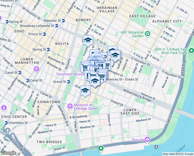 map of restaurants, bars, coffee shops, grocery stores, and more near Ludlow Street in New York