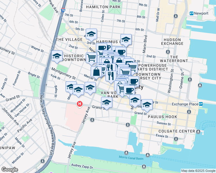 map of restaurants, bars, coffee shops, grocery stores, and more near 287 Barrow Street in Jersey City