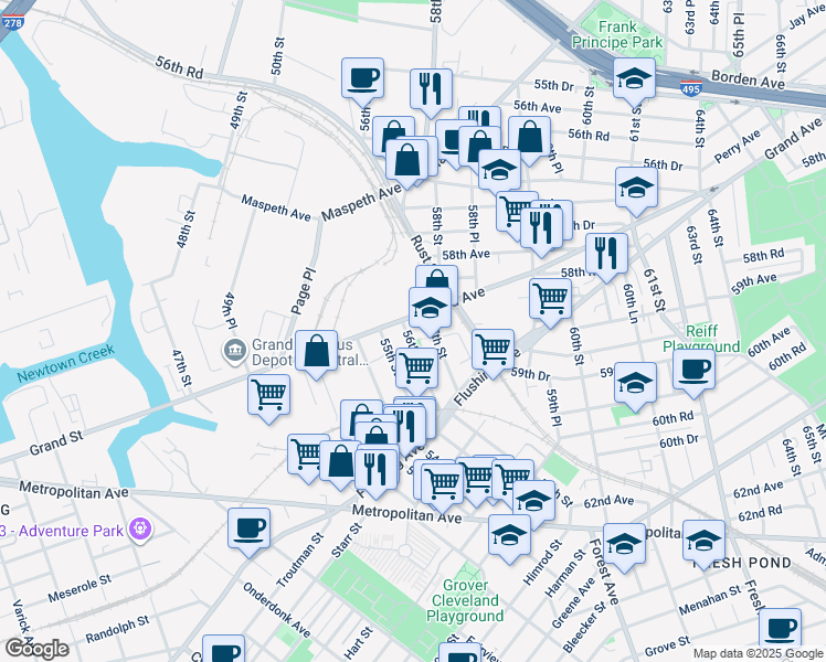 map of restaurants, bars, coffee shops, grocery stores, and more near 58-60 57th Street in Queens