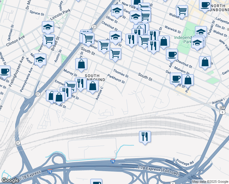 map of restaurants, bars, coffee shops, grocery stores, and more near 275 Pacific Street in Newark