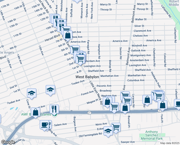 map of restaurants, bars, coffee shops, grocery stores, and more near 11 Sheffield Avenue in West Babylon