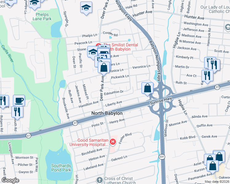 map of restaurants, bars, coffee shops, grocery stores, and more near 162 Edmunton Drive in North Babylon