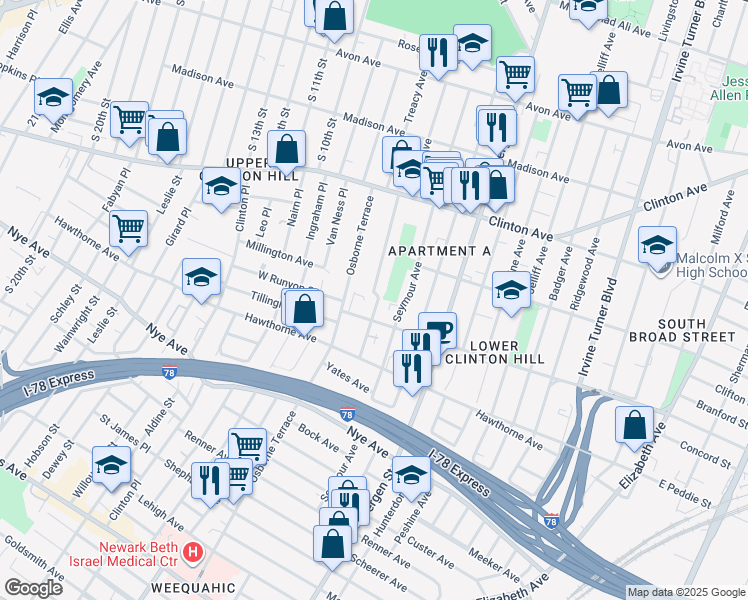 map of restaurants, bars, coffee shops, grocery stores, and more near 93 Hedden Terrace in Newark