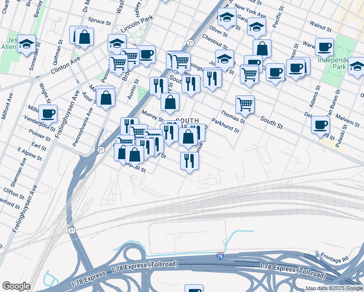 map of restaurants, bars, coffee shops, grocery stores, and more near 222 1/2 Astor Street in Newark