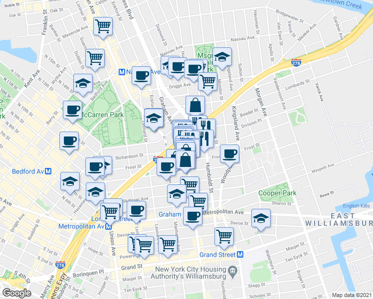 map of restaurants, bars, coffee shops, grocery stores, and more near Graham Avenue & Richardson Street in Brooklyn