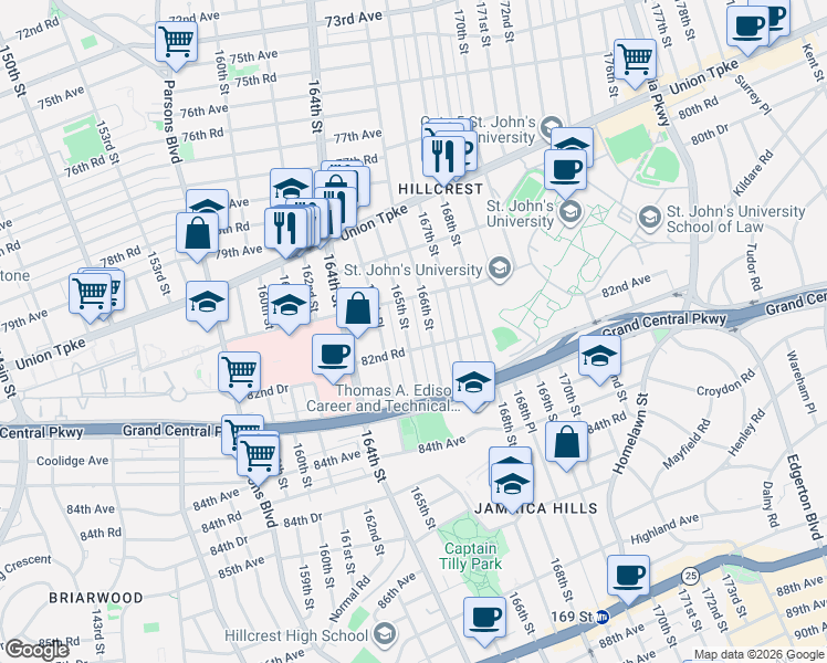 map of restaurants, bars, coffee shops, grocery stores, and more near 82-22 165th Street in Queens