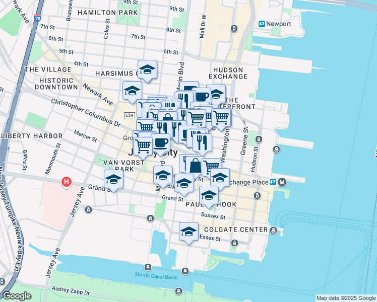 map of restaurants, bars, coffee shops, grocery stores, and more near 68 Christopher Columbus Drive in Jersey City