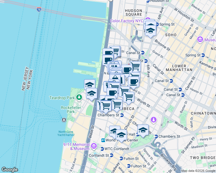 map of restaurants, bars, coffee shops, grocery stores, and more near 51 Harrison Street in New York