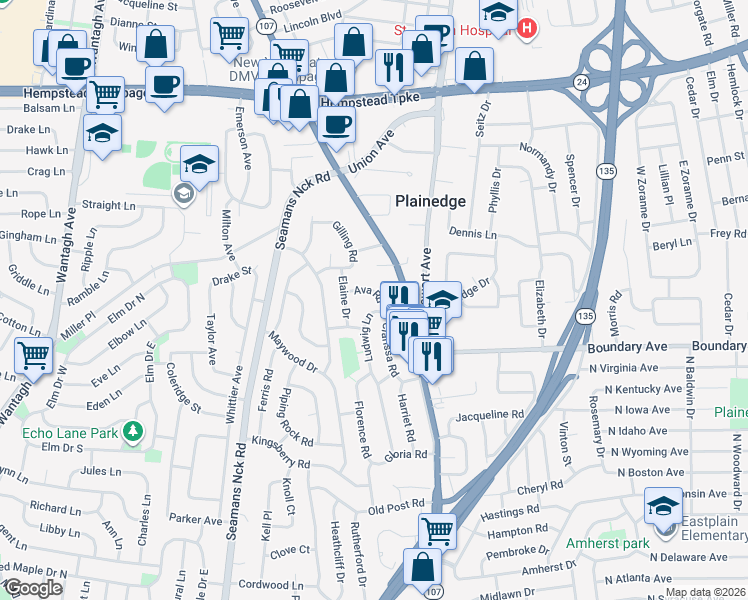 map of restaurants, bars, coffee shops, grocery stores, and more near 4313 Ava Road in Bethpage