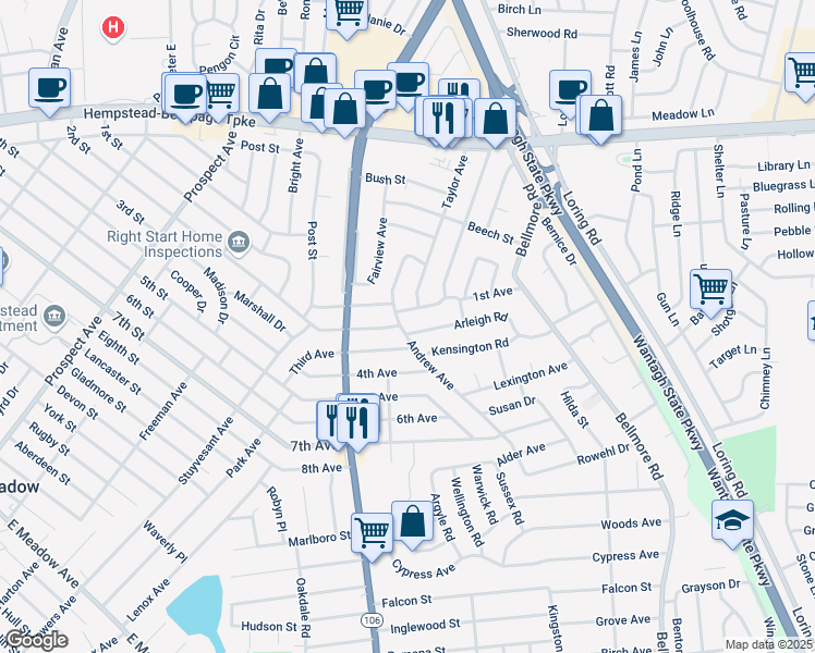 map of restaurants, bars, coffee shops, grocery stores, and more near 2550 1st Avenue in East Meadow