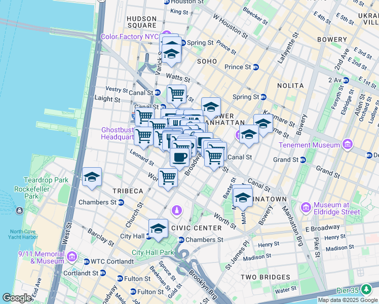 map of restaurants, bars, coffee shops, grocery stores, and more near 39 Walker Street in New York