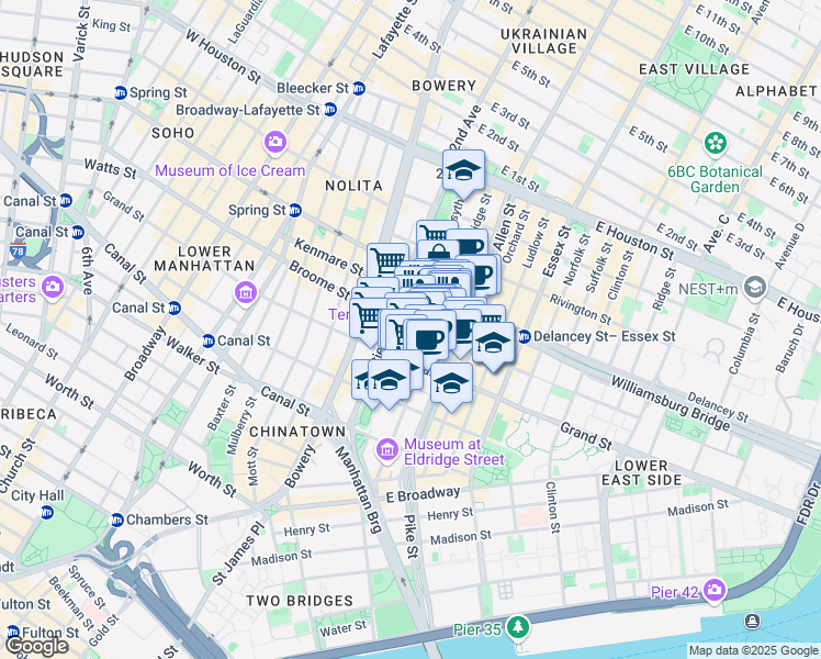 map of restaurants, bars, coffee shops, grocery stores, and more near 131 Forsyth St in New York