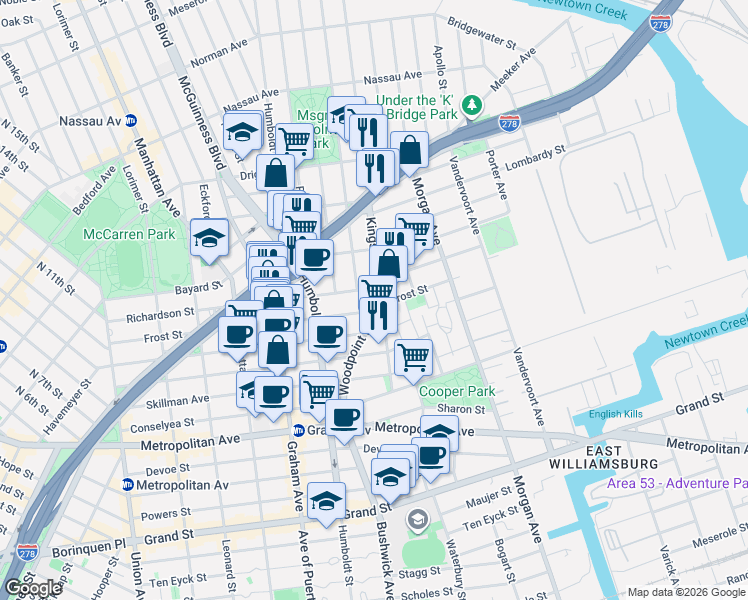 map of restaurants, bars, coffee shops, grocery stores, and more near 252 Richardson Street in Brooklyn