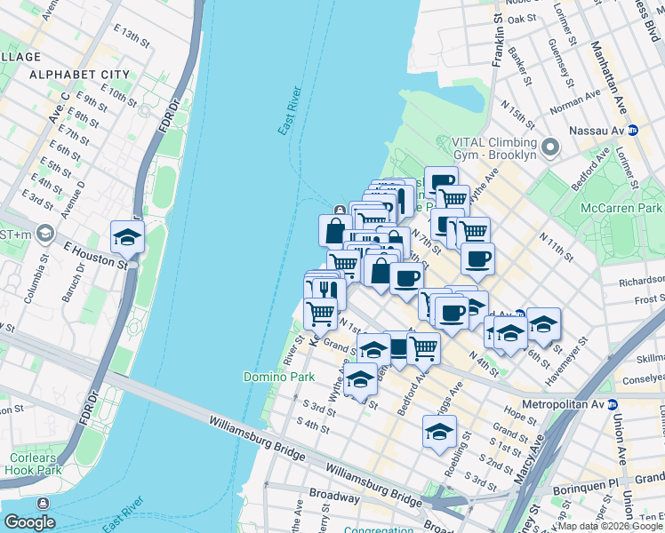 map of restaurants, bars, coffee shops, grocery stores, and more near 2 North 3rd Street in Brooklyn