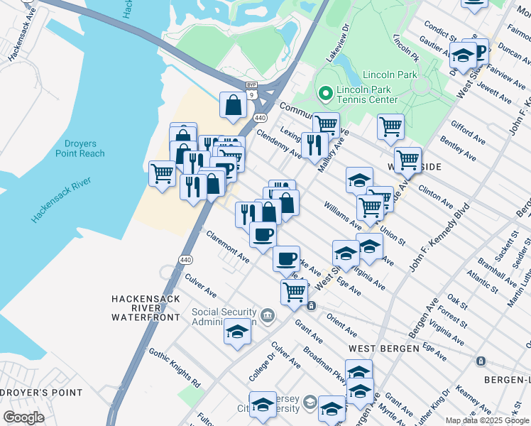 map of restaurants, bars, coffee shops, grocery stores, and more near 364 Ege Avenue in Jersey City