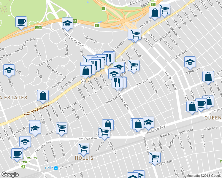 map of restaurants, bars, coffee shops, grocery stores, and more near 89-19 205th Street in Queens