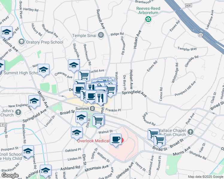 map of restaurants, bars, coffee shops, grocery stores, and more near 311 Springfield Avenue in Summit