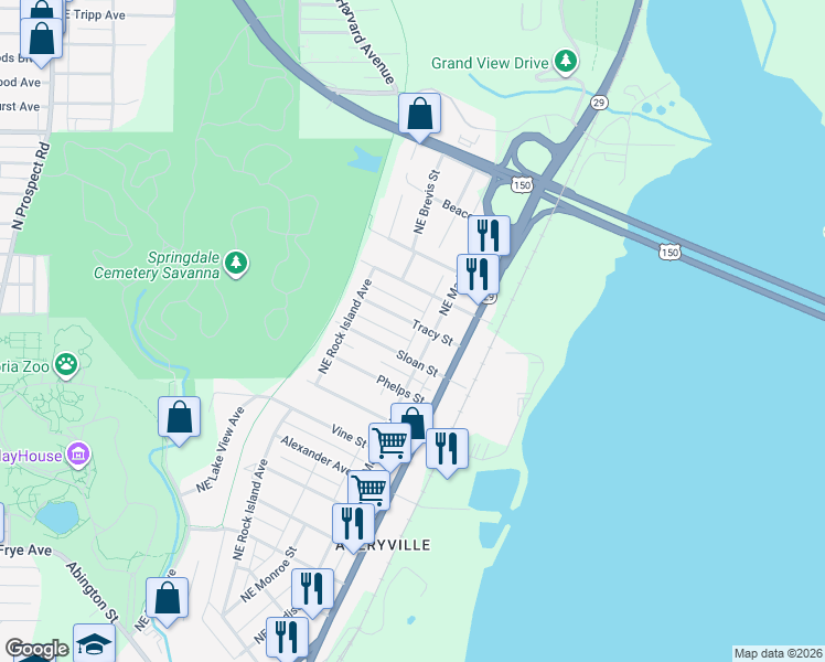 map of restaurants, bars, coffee shops, grocery stores, and more near 515 Tracy Street in Peoria