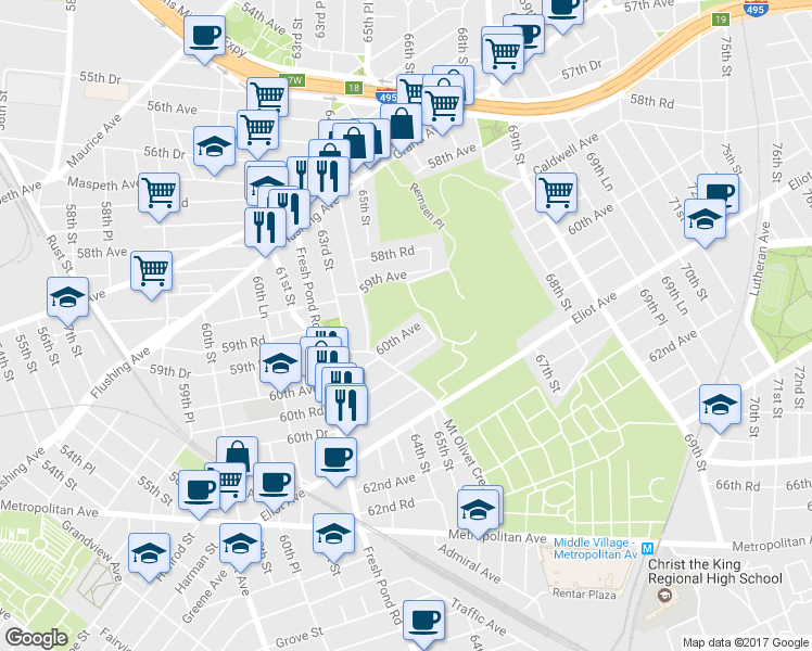 map of restaurants, bars, coffee shops, grocery stores, and more near 64-43 60th Avenue in Queens