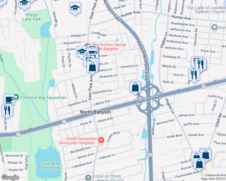 map of restaurants, bars, coffee shops, grocery stores, and more near 274 Edmunton Drive in North Babylon