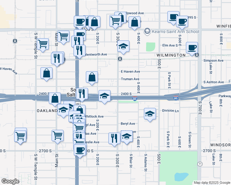 map of restaurants, bars, coffee shops, grocery stores, and more near 265 East 2400 South in South Salt Lake