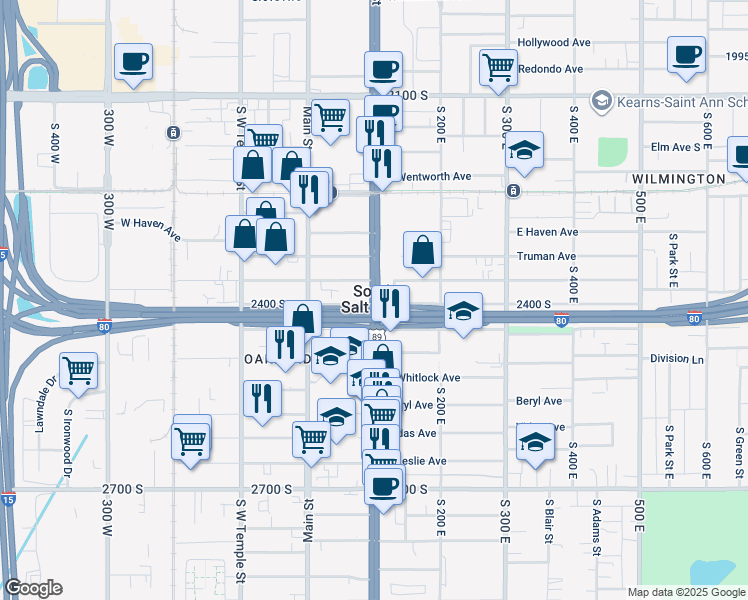 map of restaurants, bars, coffee shops, grocery stores, and more near in South Salt Lake