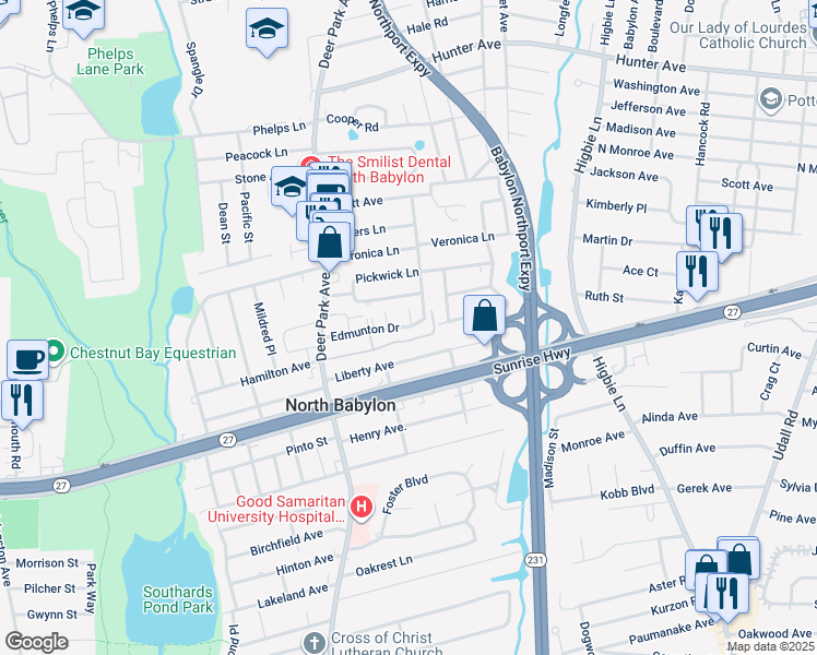 map of restaurants, bars, coffee shops, grocery stores, and more near 204 Edmunton Drive in North Babylon