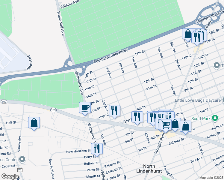 map of restaurants, bars, coffee shops, grocery stores, and more near 262 3rd Avenue in West Babylon